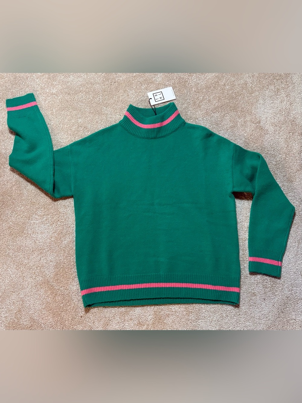 TnT Green & Pink Stripe Turtleneck Sweater Size Small New With Tag